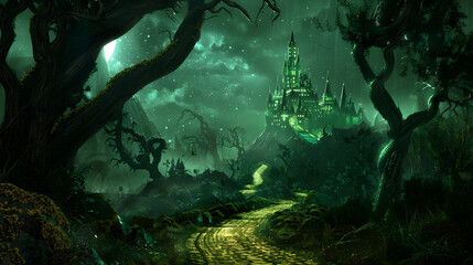 Mysterious Nighttime Journey through Magical Forest towards Emerald City in 'Oz' story