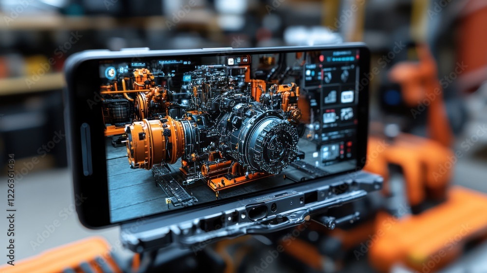 Poster smartphone displaying 3d model of complex machinery.