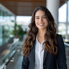 Fototapeta premium Smiling businesswoman portrait, modern office hallway, blurred background, corporate headshot