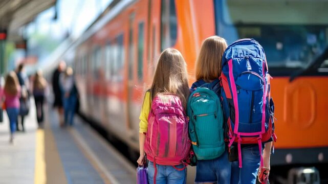 Young tourists girls embarking on train journey