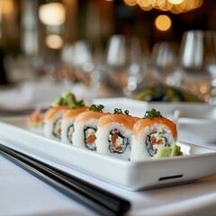 Delicious salmon sushi rolls served on a white rectangular plate, garnished with wasabi.