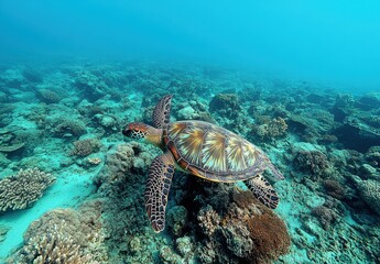 Fototapeta premium Majestic Sea Turtle Swimming Gracefully Over Vibrant Coral Reef in Crystal Clear Tropical Waters
