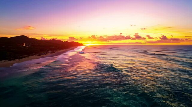 Golden Hour Drone Capture of Waves Reflecting Sunset Hues - made with Generative AI