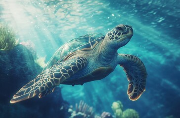 Obraz premium Majestic Sea Turtle Swimming Gracefully Through Clear Blue Ocean Waters Surrounded by Vibrant Coral Reef and Sunlight Filtering Down from Above