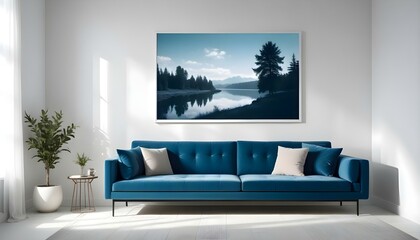 Interior mockup In a white room a blue sofa is placed next to a photo frame on the wall
