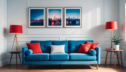 Interior mockup In a white room a blue sofa is placed next to a photo frame on the wall
