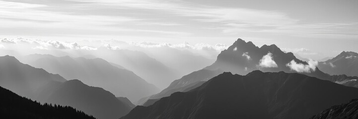 Obraz premium panoramic view of majestic mountains covered in clouds, travel, peaks, breathtaking