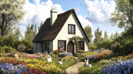 Cottage with rabbits surrounding by flowers and Easter decorations.