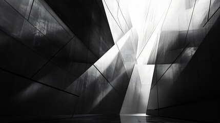 Dramatic light illuminates abstract grayscale architecture creating a stark powerful mood. AI Generated
