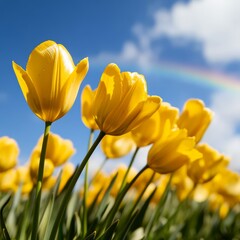 Fototapeta premium A picturesque spring field with blooming tulips and daffodils and a rainbow.