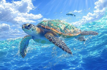 Obraz premium Majestic Sea Turtle Swimming Gracefully Through Crystal Clear Ocean Waters Under Bright Sunlight with Playful Fish and Bubbles All Around