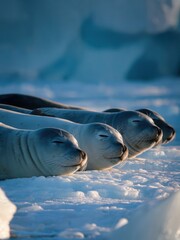 Fototapeta premium Seals resting peacefully on a snowy, icy surface. Sunlight bathes the scene, highlighting their serene expressions.