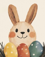 A playful bunny hiding Easter eggs behind a tree with a mischievous smile.