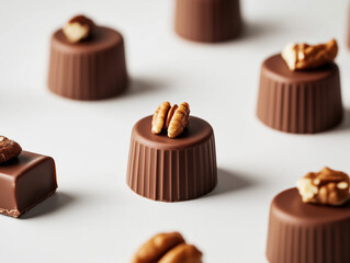 Indulge in Luxurious Gourmet Chocolate Pralines Topped with Nuts and Spices, Beautifully Displayed on a Rustic Wooden Board for a Stunning Visual and Culinary Delight.