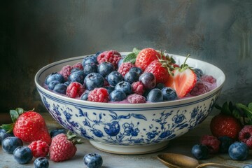 Bowl of Fresh Blueberries and Raspberries with Strawberries