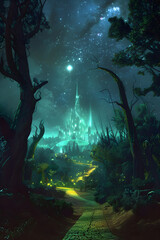 Mysterious Nighttime Journey through Magical Forest towards Emerald City in 'Oz' story