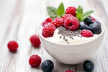 Fresh Yogurt Bowl with Raspberries, Blueberries and Mint Leaves