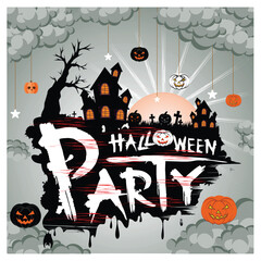 Spooky Halloween Party Invitation with Haunted House and Spooky Pumpkin Decorations.