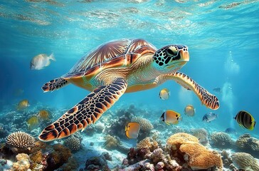 Obraz premium Majestic Sea Turtle Swimming Gracefully Through Vibrant Coral Reef Surrounded by Colorful Tropical Fish Under Crystal Clear Ocean Waters