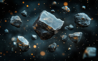 Illustration of a group of small rocks resembling asteroids floating in space.