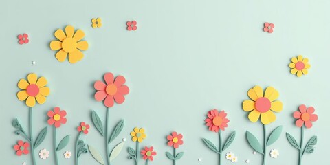 Stylized spring flowers in paper cut design with cheerful hues, playful shapes, perfect for seasonal celebrations, design, cheerful, flowers