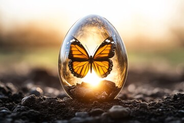 A close-up of a glowing chi egg with a butterfly emerging from it, symbolizing birth, new life, and resurrection.