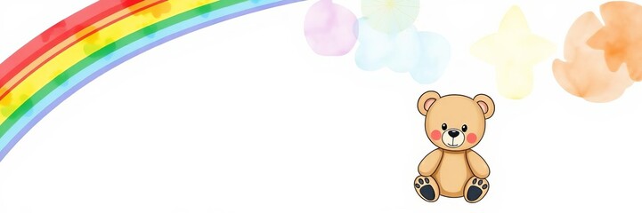 Teddy bear sitting on colorful rainbow watercolor illustration isolated on white background, cheerful, rainbow, cute