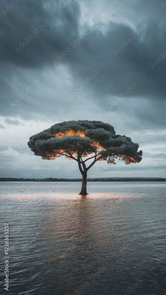 Poster a lone tree stands in calm water under a brooding sky, illuminated from within. nature's resilience 