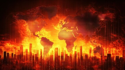Fiery world map backdrop with city skyline. Illustrates global crisis, climate change, or disaster.