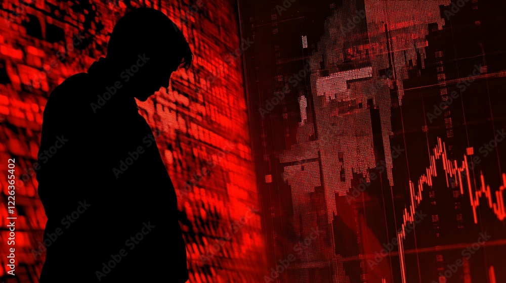 Poster a silhouette of a person looking down against a red background with a graph display