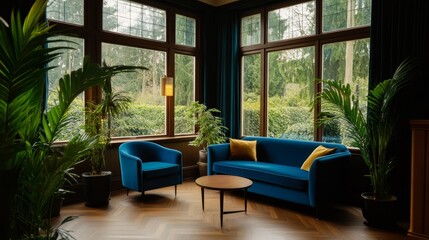 Cozy living room with blue furniture, surrounded by lush plants and large windows overlooking greenery
