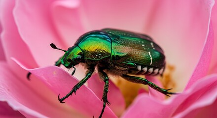 Naklejka premium Vibrant Green Beetle on Pink Rose Closeup Macro Photography