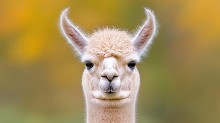 Fototapeta premium Close-up of a white alpaca facing the camera, autumn background. Use Animal portrait for website or print