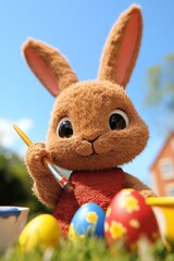 A cute bunny painting Easter eggs in a meadow with a bright blue sky.