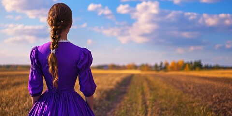 woman wearing purple amish dress 