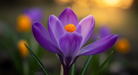 Stunning Purple Crocus Flower at Sunset Golden Hour