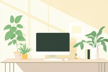 Modern Minimalist Home Office with Plants and Computer Setup