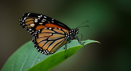 Naklejka premium Monarch Butterfly on Green Leaf Nature Photography