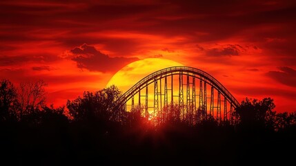 Obraz premium Rollercoaster silhouetted against a fiery sunset.