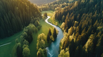 Aerial view River meandering through lush green valley, sunset