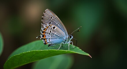 Obraz premium Stunning Blue Butterfly on Green Leaf Macro Photography