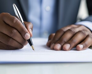 business professional signing important documents concept. Hands holding a pen signing a document on a desk.