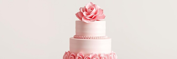 Three-tier wedding cake with pink rosette frosting on soft pink background, elegant, bakery, bridal shower
