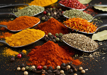 Spices and herbs arranged in a radial pattern with rich colors on a dark background