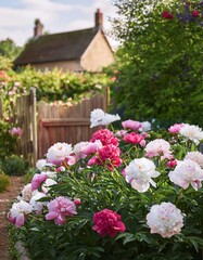 Vibrant pink and white peonies bloom in a lush garden, a charming cottage in the background.