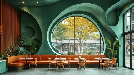 Fototapeta premium Modern Restaurant Interior Design with Curved Walls and Large Window
