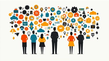 A businessman and a team collaborating on a creative solution, with digital elements like arrows and gears representing innovation, reflecting a proactive mindset toward problem-solving in business