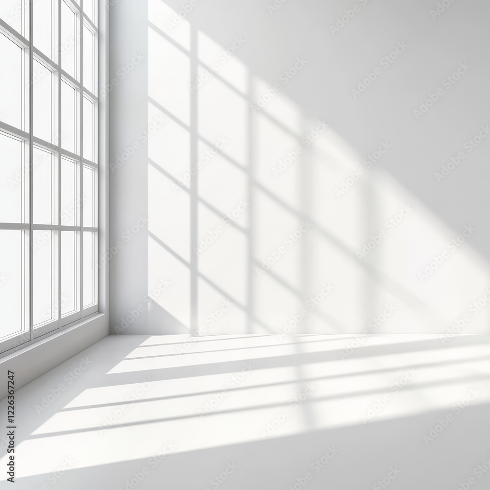Poster sunlight streams through a large window into a minimalist white room, casting dramatic shadows on th