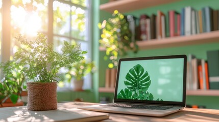 Fototapeta premium Serene Home Office Laptop Plants Bookshelf Sunlight