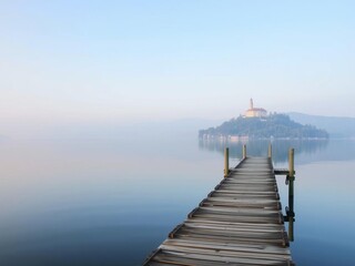 Serene scene at Lake Castel Gandolfo with wooden pier leading into calm waters, pier, reflection,...